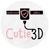 Authorized seller badge with shield icon and Cutie3D text in pink and black, 3D printed toy logo