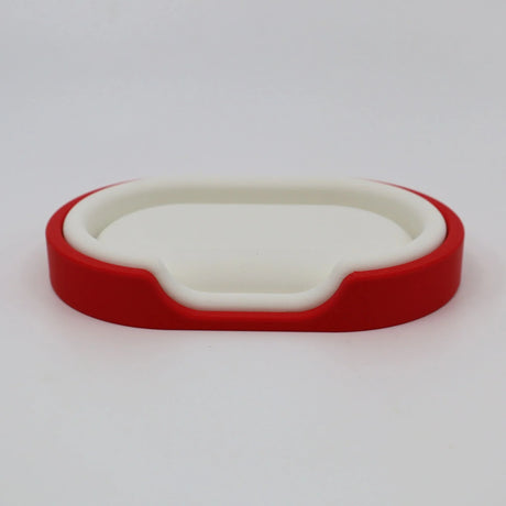 Red and white 3D printed sensory toy tray for children on white background