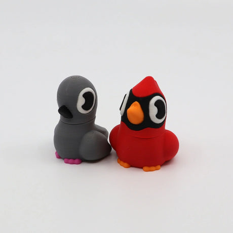 3D printed sensory bird toys: gray penguin & red cardinal for fidgeting and tactile play