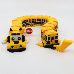 Yellow 3D printed school bus fidget toy with stop sign, flexible segments, and playful design for sensory play