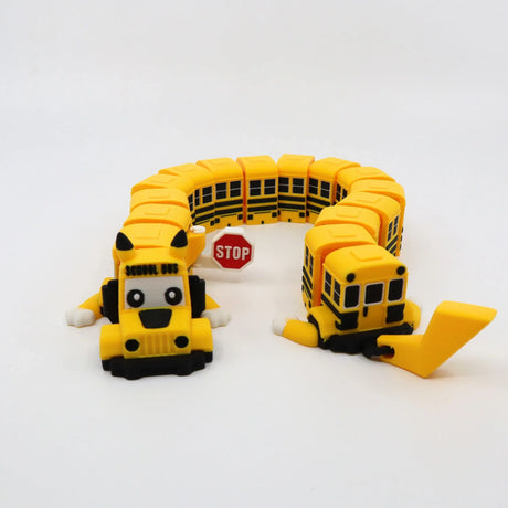 Yellow 3D printed school bus fidget toy with stop sign, flexible segments for sensory play