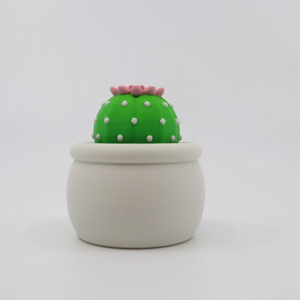 3D printed green cactus fidget toy with pink flower in white pot, sensory toy for kids