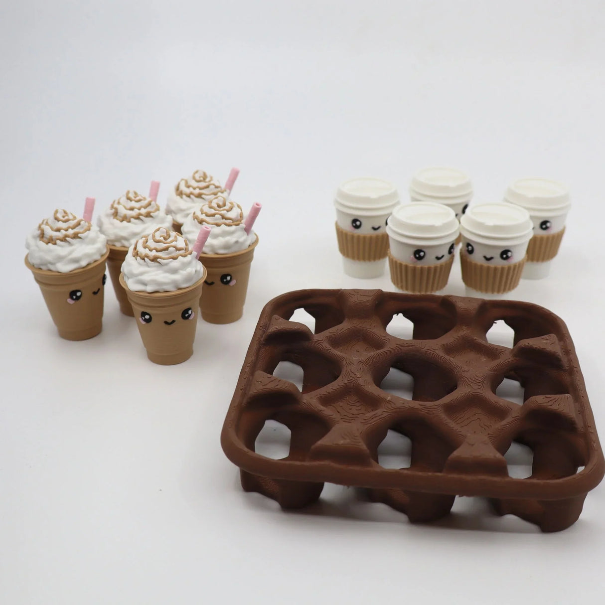 3D printed coffee-themed tic-tac-toe sensory toy set with cute iced and hot drinks