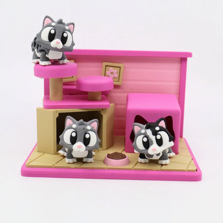 Cute gray cat figurines in a pink and beige sensory playset with cat furniture and food bowl
