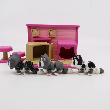 Colorful sensory cat playset with 3D printed cat figures and pink house for kids