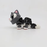 3D printed gray striped cat sensory toy with flexible joints on white background