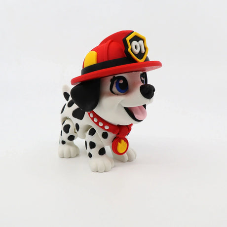 3D printed Dalmatian puppy fidget toy in firefighter hat, sensory-friendly educational tool for kids