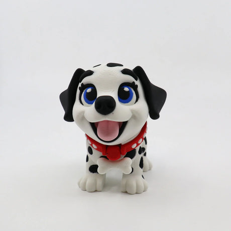 3D printed Dalmatian puppy fidget toy with red collar, blue eyes, and bone accessory for sensory play