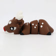 3D printed flexible brown reindeer sensory toy with white antlers and red nose on white background