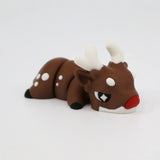 3D printed brown reindeer sensory toy with white antlers, red nose, and white spots