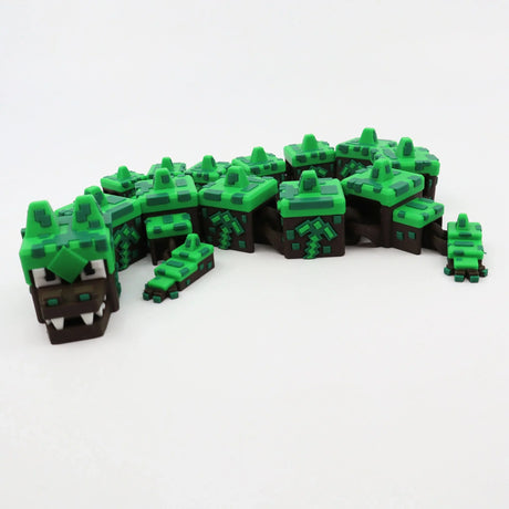 3D printed pixelated green and brown fidget toy snake for sensory play and tactile stimulation