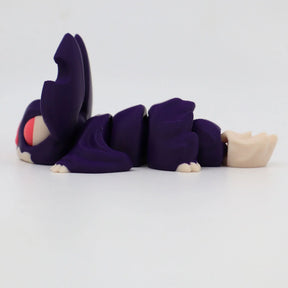 Purple 3D printed sensory toy caterpillar with segmented body and large eyes on white background