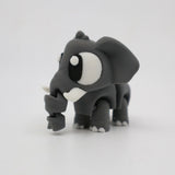 3D printed gray elephant sensory toy with large eyes on a white background