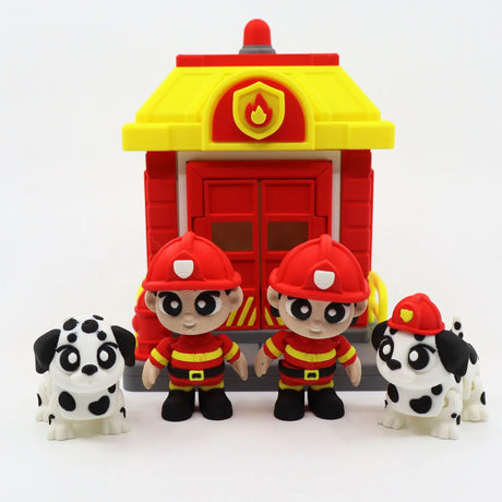 3D printed fire station toy set with firefighter figures and Dalmatian dogs for sensory play