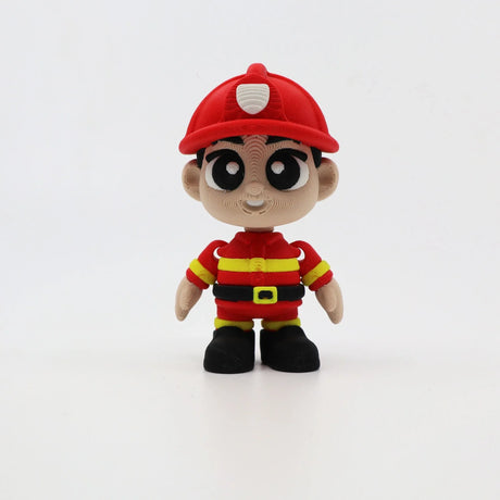 3D printed firefighter toy with red helmet, yellow stripes, sensory texture for kids