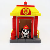 3D printed fire station toy with Dalmatian puppy in red helmet, sensory educational playset