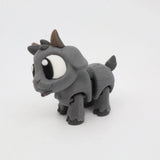 Gray 3D printed goat sensory toy with large eyes on a white background