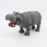 3D printed gray hippo sensory toy with articulated legs and open mouth on white background