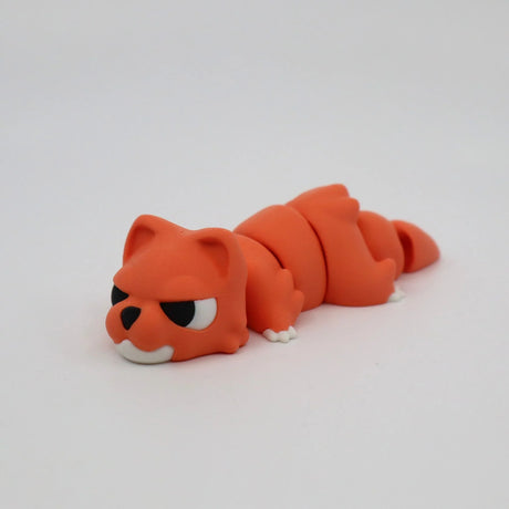 Orange 3D printed sensory fidget toy shaped like a cat, segmented body, white background