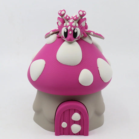 Pink 3D printed dragon on mushroom house fidget toy for sensory play