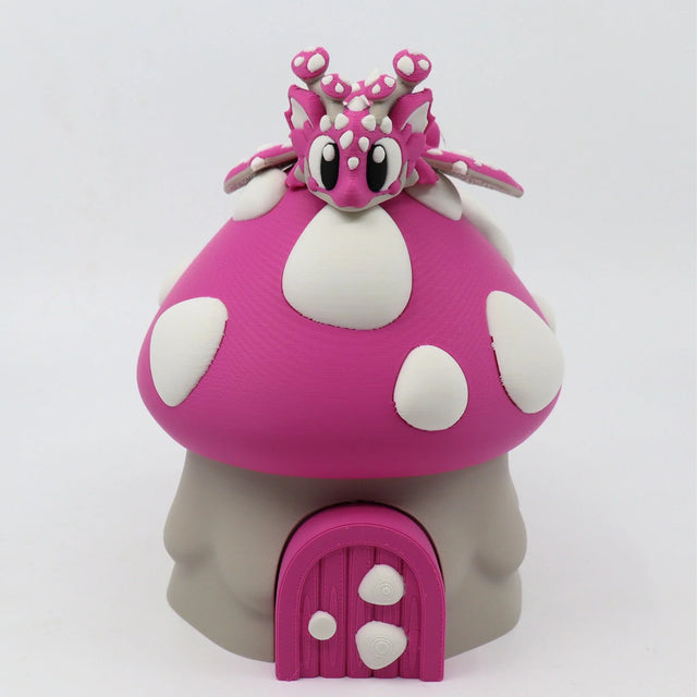 Pink 3D printed dragon on mushroom house fidget toy for sensory play