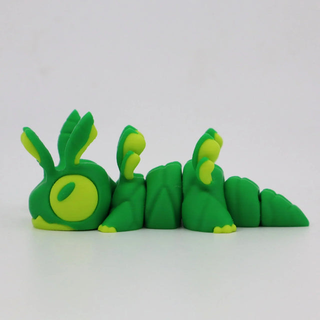 Green and yellow 3D printed caterpillar sensory toy on white background