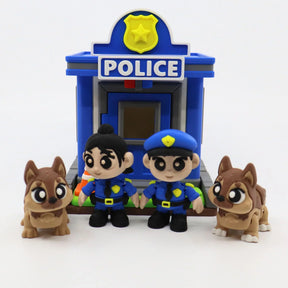 3D printed police station toy with officer figures and dogs, sensory playset for kids