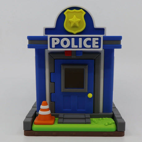 3D printed police station toy with blue walls, yellow badge, and orange cone for sensory play