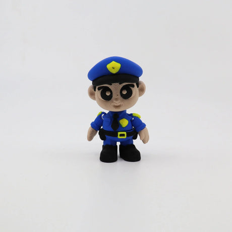 3D printed police officer fidget toy for sensory play, blue uniform with yellow accents