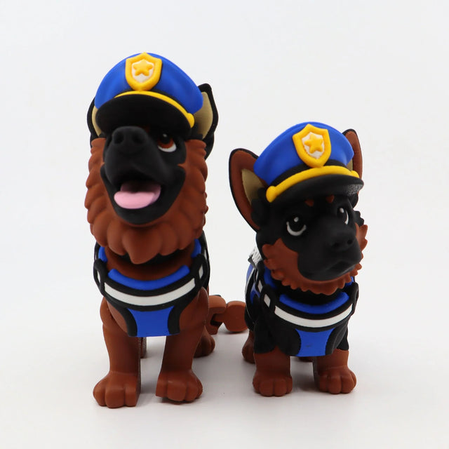 3D printed police dog fidget toys for sensory play, featuring blue hats and vests