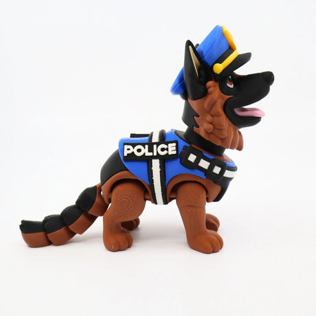 3D printed police dog toy with blue vest and hat, sensory fidget for kids