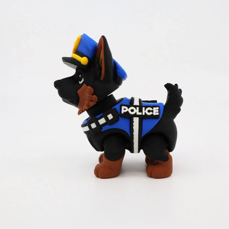 3D printed police dog toy with blue vest and hat, sensory fidget for kids