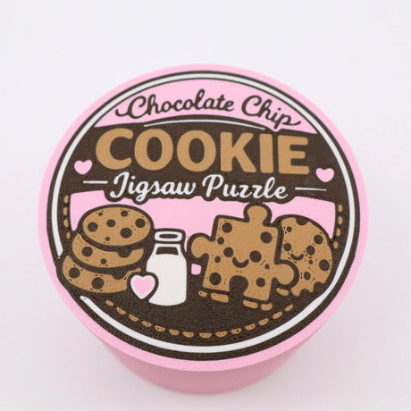 Chocolate chip cookie jigsaw puzzle container with playful cookie and milk design