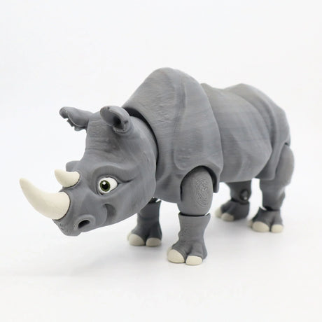 3D printed gray rhino sensory toy with movable joints on white background.