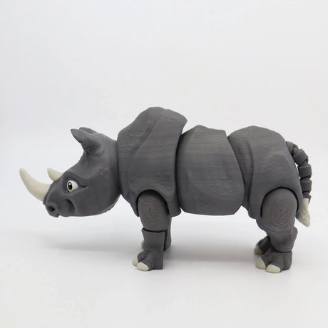 3D printed gray rhino sensory toy with flexible joints, educational animal figure