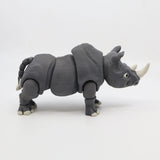 Gray 3D printed rhino sensory toy with movable joints on a white background