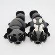 Two gray and black 3D printed sensory animal fidget toys with white horns on a white background