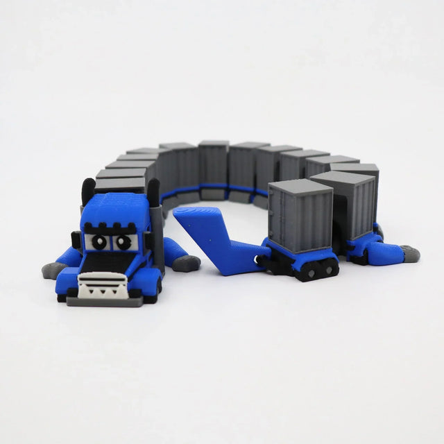 Blue 3D printed semi-truck fidget toy with gray cargo trailers, designed for sensory play and tactile engagement.