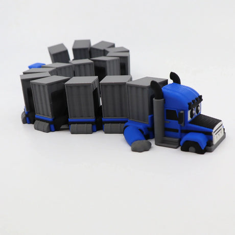 Blue 3D printed semi truck toy with gray cargo trailers, sensory fidget for kids