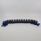 Blue 3D printed flexible truck toy with gray cargo trailers, sensory fidget for kids