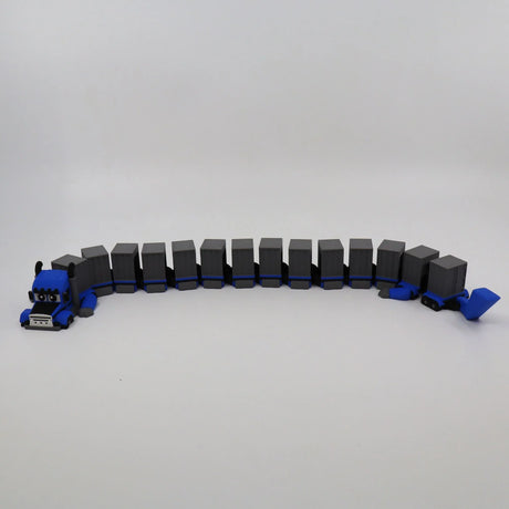 Blue 3D printed flexible truck toy with gray cargo trailers, sensory fidget for kids
