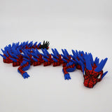 Red and blue 3D printed Spider-Man themed fidget dragon with articulated segments and sensory spikes