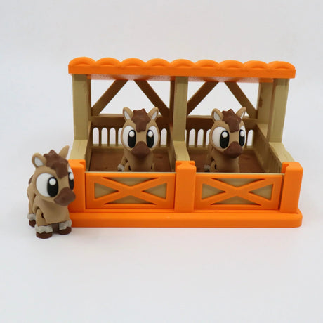 3D printed toy horse figures in an orange and beige stable, sensory educational toy