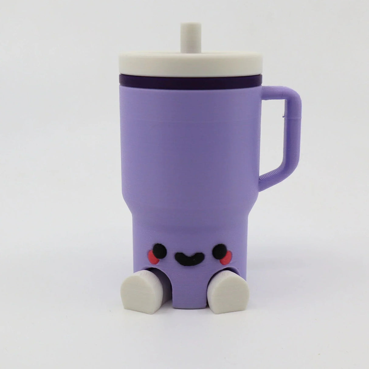 Purple 3D printed sensory toy mug with cute face and feet, ideal for fidgeting and tactile play.
