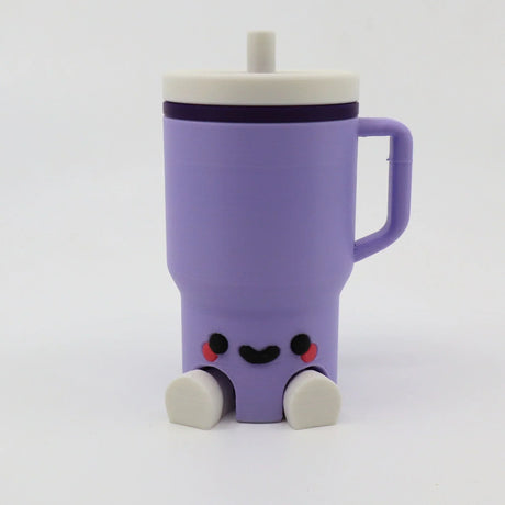 Purple 3D printed sensory toy mug with cute face and feet, ideal for fidgeting and tactile play.