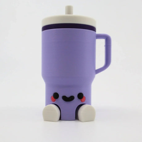 Purple 3D printed sensory cup with cute face, handle, and feet for tactile play and fidgeting