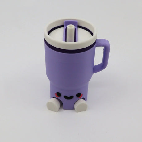 Purple 3D printed fidget toy mug with smiley face, sensory seeker friendly, clickety-clack fun