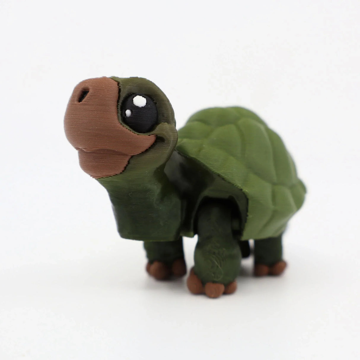 3D printed green turtle sensory toy with big eyes on a white background